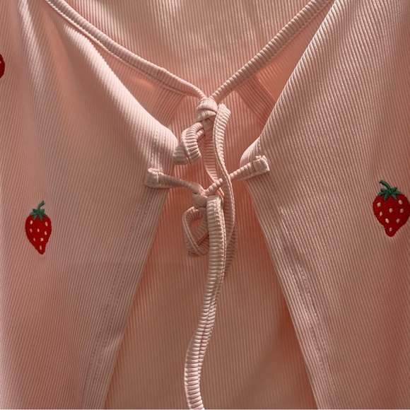 Baby Pink Strawberry Embroidered Cropped Self-Tie Cami NWOT - Picture 7 of 12